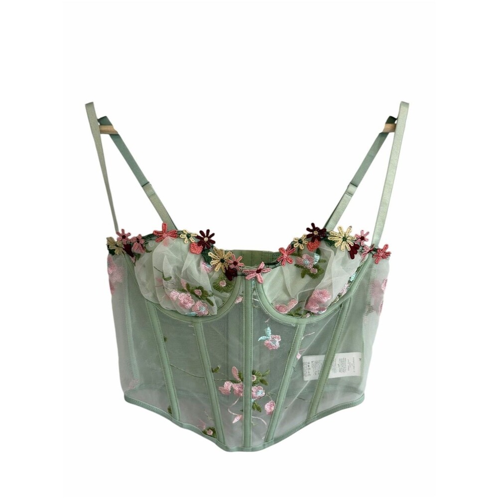 Womens Sheer Floral Embroidered Fairy Bustier Top Size S Coquette Festival Boho